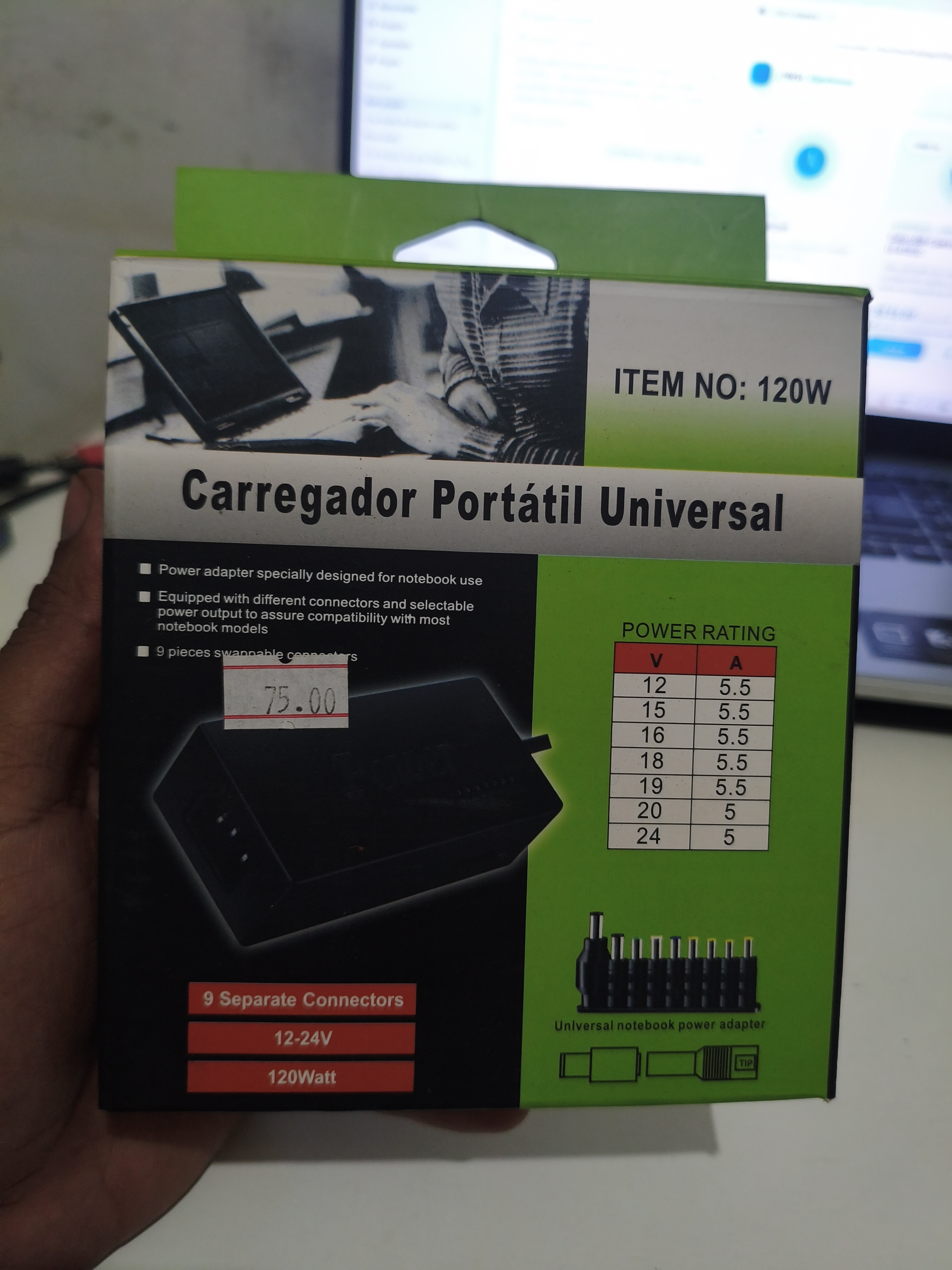 Embalagem do carregador portátil universal para notebook de 120 watts